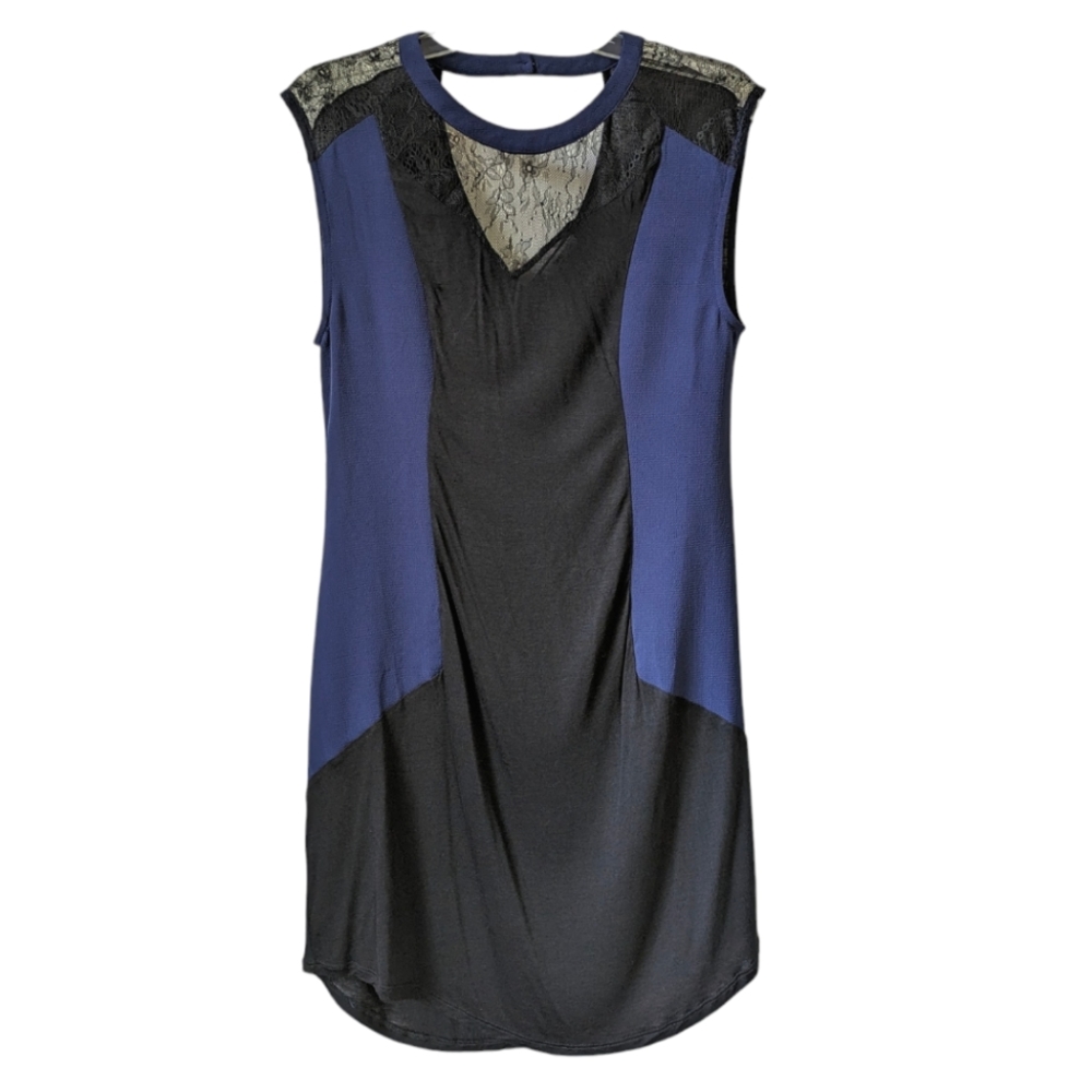 LAmade Mixed Media Lace Detail Color Block Tunic Dress Black Blue Size Medium